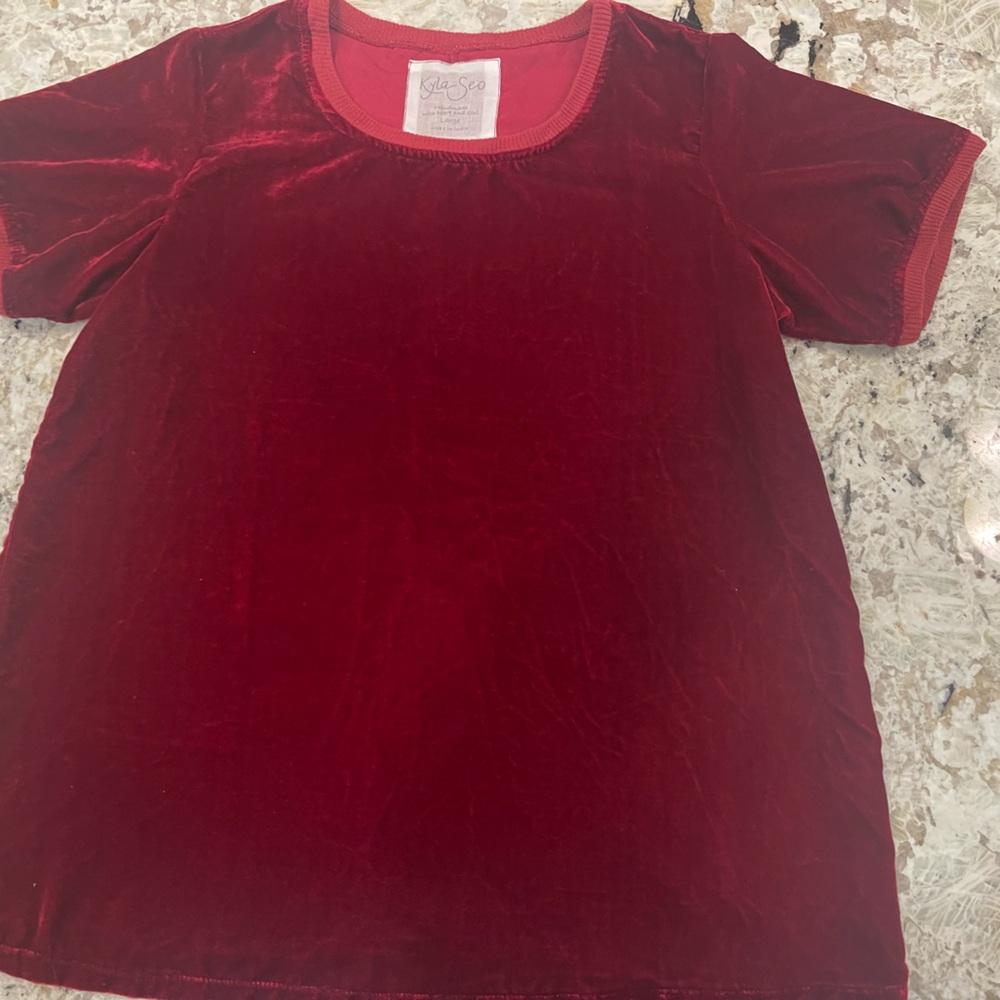 Kyla Seo Red Velvet Top L Short Sleeve Relaxed Fit Boho Handmade Tunic Blouse